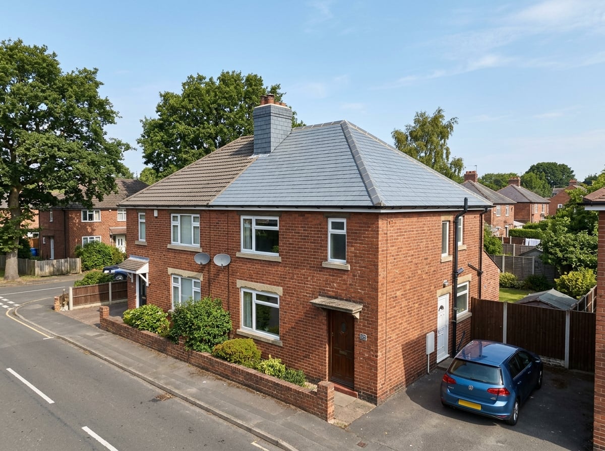 Freshly installed tiled roof on a UK brick house